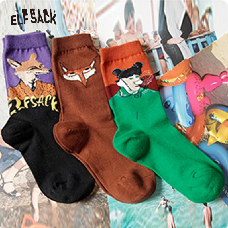 ELFSACK носки с принтом волка, женские носки, зима, корейский стиль, милые женские носки