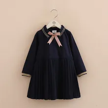 Платье-ветровка для маленьких детей в стиле школы весенне-осенние хлопковые плиссированные платья с длинными рукавами для девочек детский бант в стиле преппи, комбинированное платье, P64