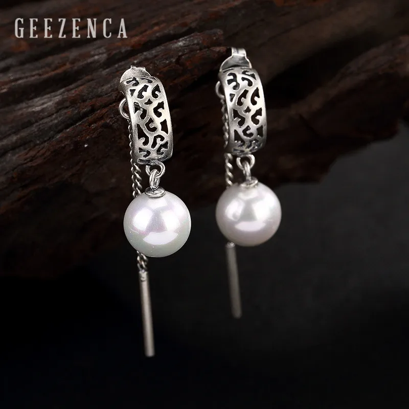 

925 Sterling Thai Silver Gemstone Pearl Tassel Hollow Drop Earrings Handmade Craft Vintage Dangle Earring Women Party Gift