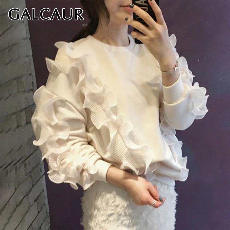 GALCAUR корейский стиль, лоскутные женские свитшоты с рюшами, круглый вырез, длинный рукав, большой размер, повседневный пуловер, женские свитшоты, осень