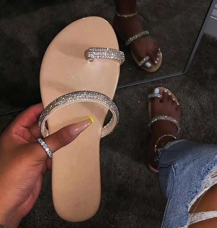 Белый new rhinestone bright diamond slippers women's shoes diamond flat sandals outdoor beach shoes wild single finger flip flop - Цвет: Белый