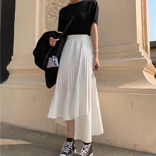 Белый Spring and Summer New High Waist Women Skirt Irregular Skirts Female Fashion Elastic Waist Chiffon Skirt Female - Цвет: Белый