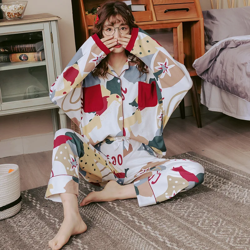

JULY'S SONG Women Cotton Pajamas Set Colorful Sleepwear 2 Pieces Soft Printing Fashion Pyajams Autumn Winter Casual Homewear