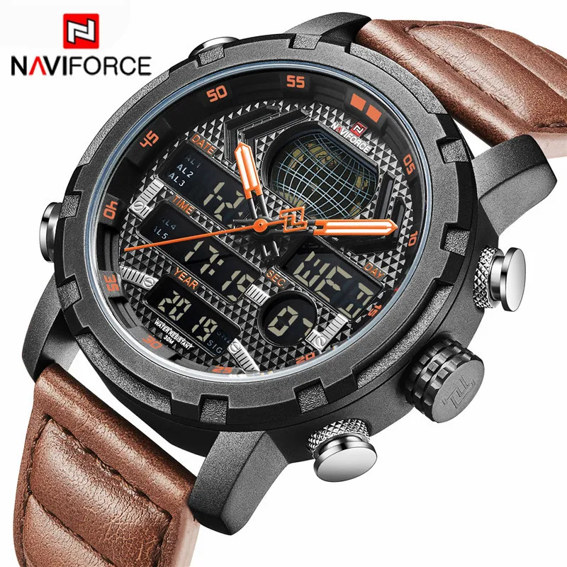 NAVIFORCE модные новые мужские спортивные часы, светодиодный Аналоговый Кожаный Водонепроницаемый Кварцевые часы, мужские часы с датой
