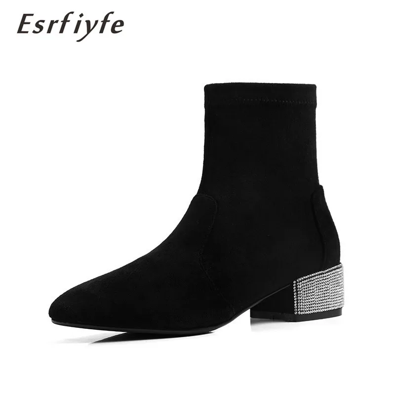 

ESRFIYFE 2020 Women Winter Sock Boots Sexy Square Toe Elastic Winter Warm Black Shoes Ankle Booties Autumn Crystal Heels Boots