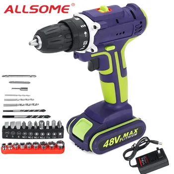 

ALLSOME 3 In 1 Hammer Drill 48VF Cordless Drill Double Speed Power Drills LED lighting 50Nm 25+1 Torque Electric Drill