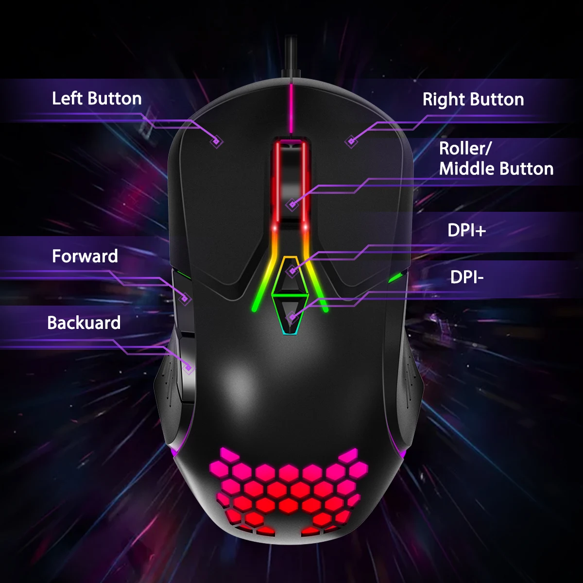 USB Wired Gaming Mouse, 6-Speed DPI Adjustable 6400DPI, 7-Button RGB Light Optical Mouse, Suitable For PC, Laptops, Gamer