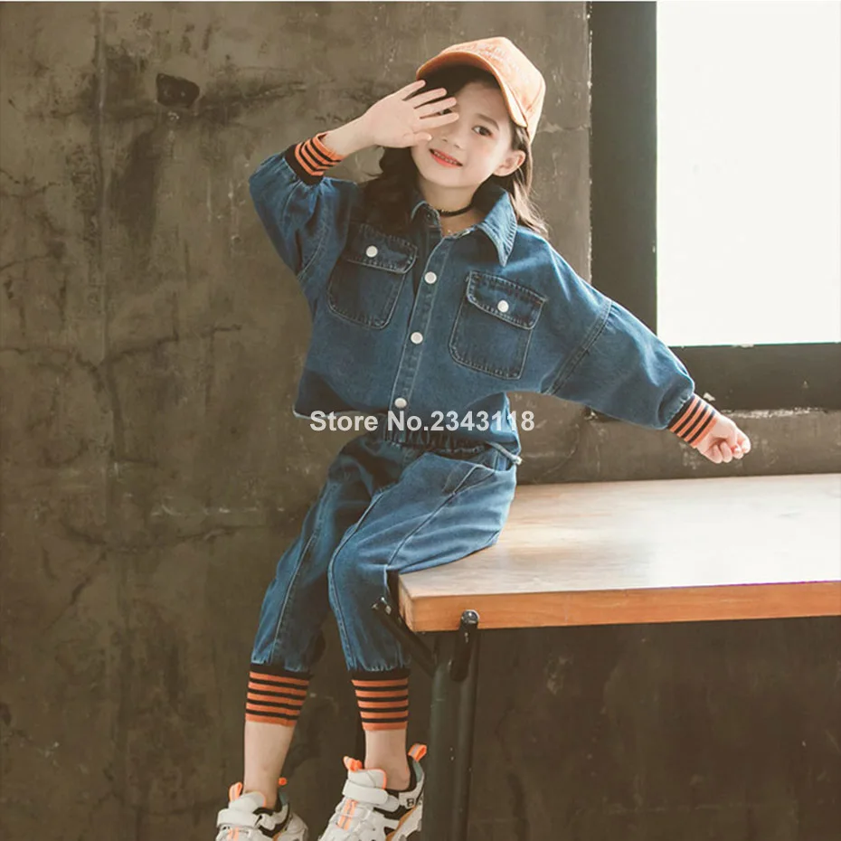 

2019 Kids Girls Clothes Set Teenage Denim Outerwear + Jeans 2pcs Girl Set Clothes Spring Autumn Children Clothing 6 8 10 12 14