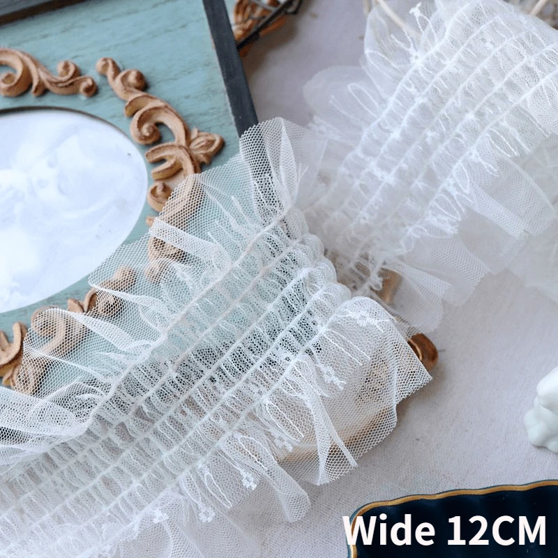 

12CM Wide Tulle Mesh White Pleated Fabric Lace Applique Embroidered Fringe Ribbon Collar Cuffs Trim DIY Crafts Sewing Supplies