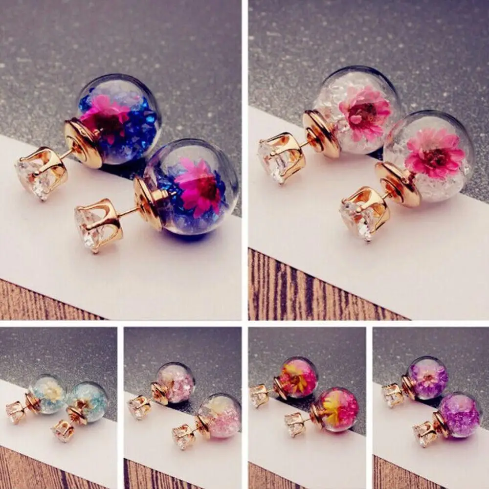 Fashion Flower Crystal Earrings Double Side Stud Big Beads EarringODDE 