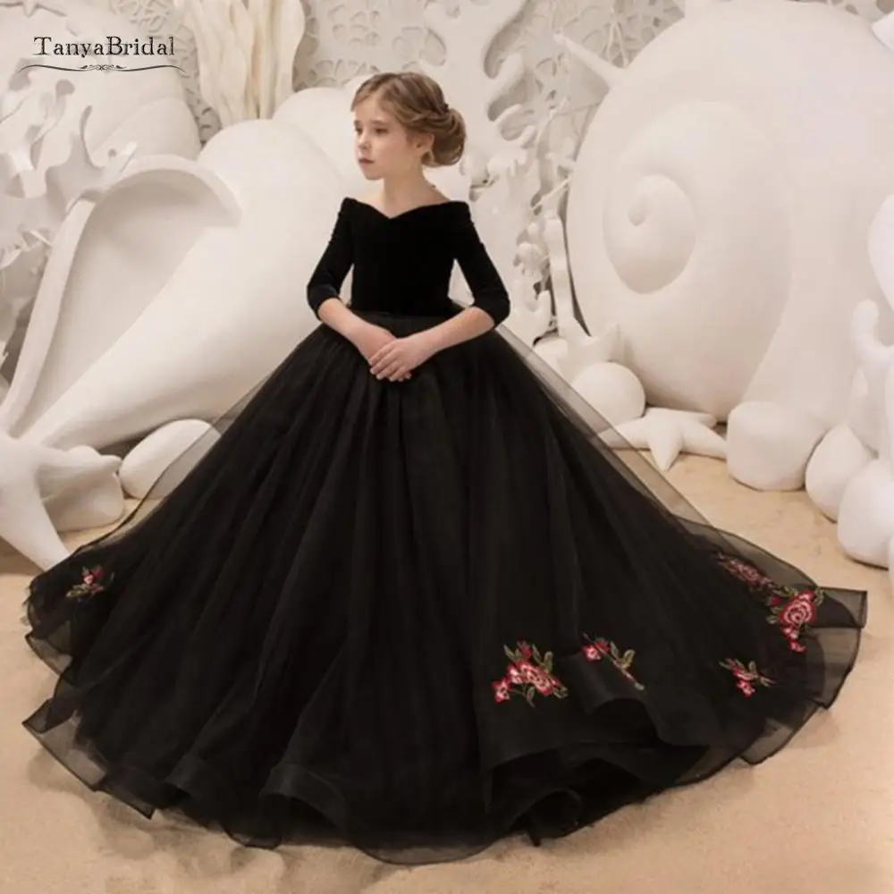 Черные платья с длинным шлейфом и цветочным узором для девочек; вечерние платья для девочек; нарядные платья для девочек на свадьбу; XF042