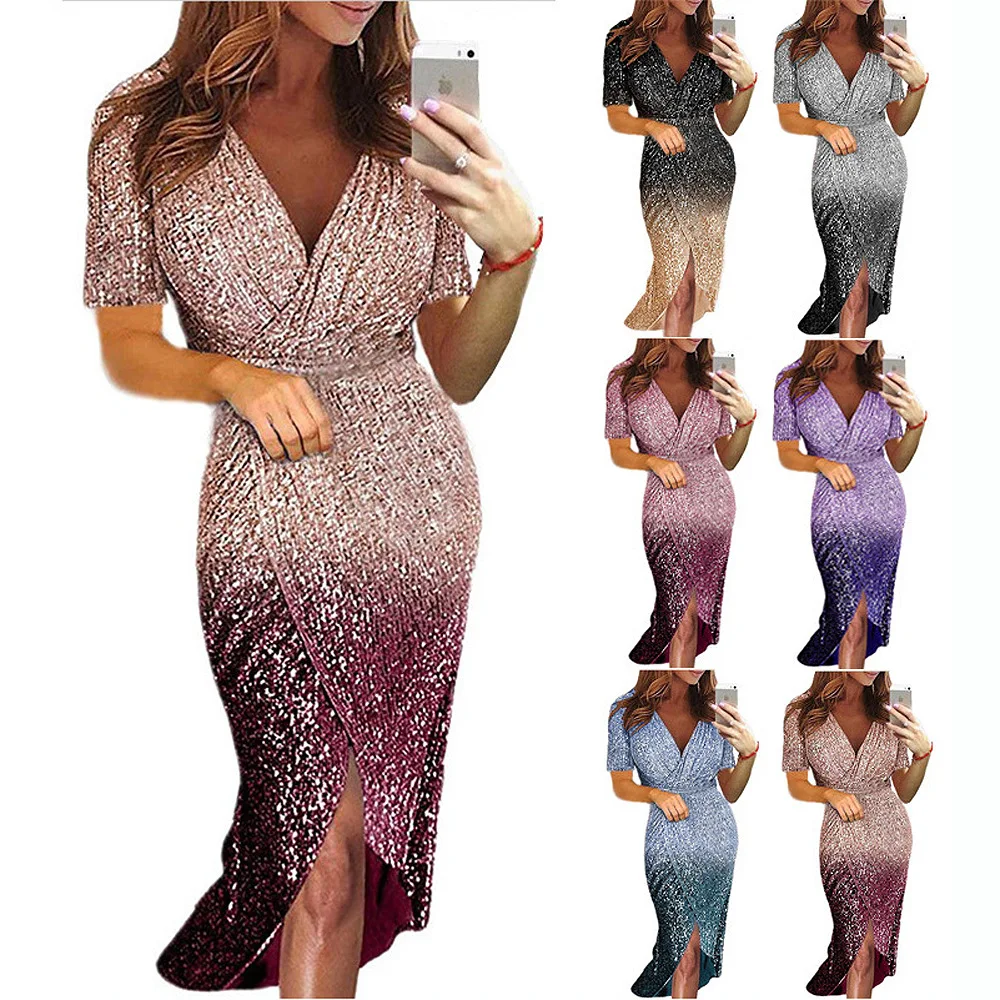 

2020 WOMEN'S Dress Europe And America Long Dress Short Sleeve Gradient Color Sequin Dinner Dress
