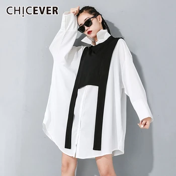 

CHICEVER Patchwork Hit Color Two Piece Set Female Lapel Collar Long Sleeve Shirt Tank Sleeveless Vest Women's Suits Clothes 2020