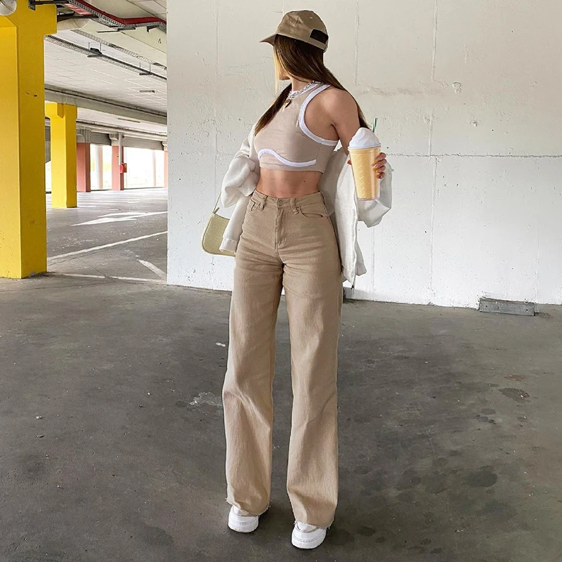 Rapcopter Khaki Flare Jeans Solid Basic Casual High Waisted Denim Pants  Vintage Baggy Sweatpants Women Harajuku Korean Joggers - Jeans - AliExpress