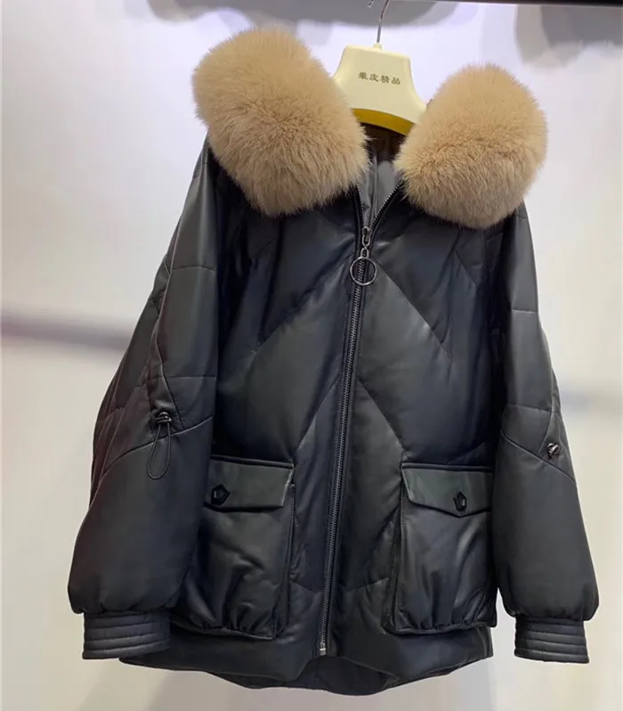 

Winter Genuine Women Leather Jacket 2019 Real Fox Fur Collar Short Warm Duck Down Parka Mujer Abrigos Basic Tops
