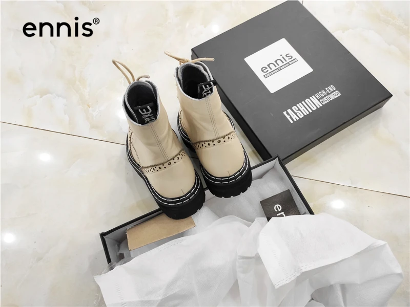 ENNIS Brand Ankle Martin Boots Women Brogue Shoes Lace Up Genuine Leather Platform Boots Fashion Autumn Winter Boots A9365