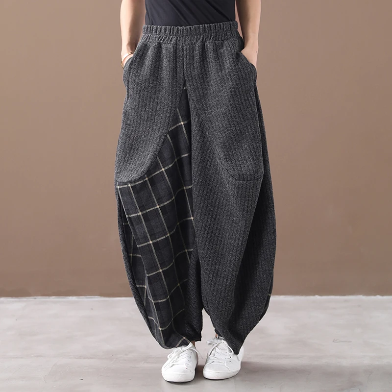 Женский осенний и зимний Корейский стиль размера плюс плед Сшивание Нерегулярные трикотажные Свободные повседневные брюки - Цвет: Gray