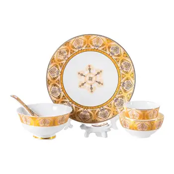 

GloryStar 6Pcs/Set Gold Color Pattern Ceramic Large Bowl Small Bowl Cup Plate Spoon Holder Tableware Set