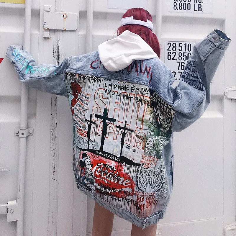 レディースデニムジャケット 原宿ファッション デニムコート 長袖 シングルブレスト プリント ストリートウェア Nzy161 22 Aliexpress