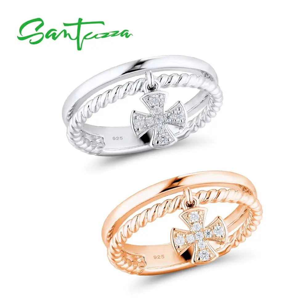 

SANTUZZA Silver Ring For Women 925 Sterling Silver Cross Ring Female Rose Gold Color Cubic Zirconia Ring Set Fashion Jewelry