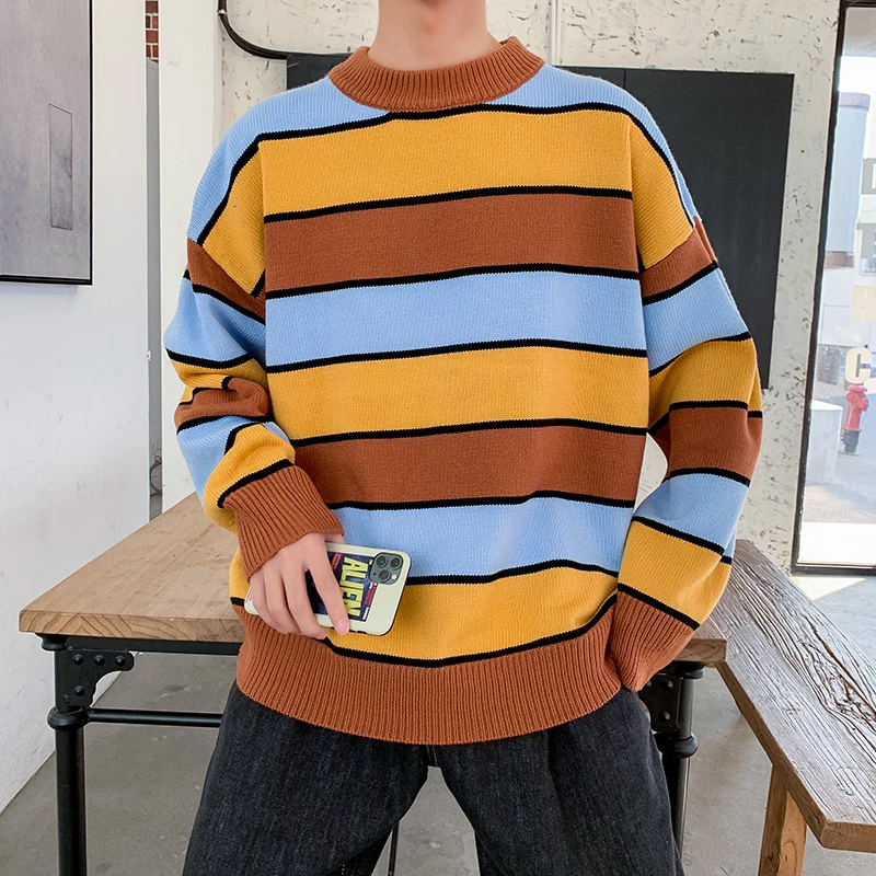 Winter Striped Sweater Men Warm Fashion Contrast Color Casual Knit Sweater Man Sweter Clothes Loose Long-sleeved Pullover Men