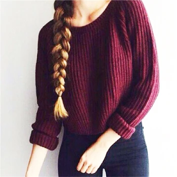 

Women Sweater Wine Red Casual Knitted Sweater Female Women Pullovers Knitwear Autumn Winter O-neck Loose Sweater New