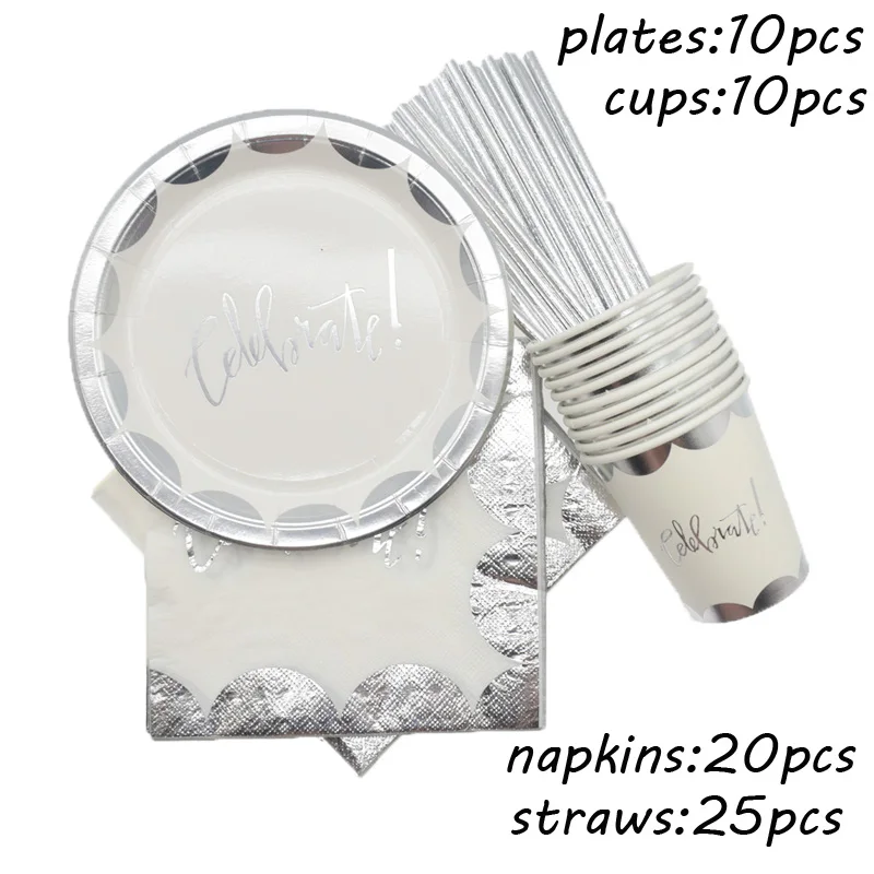 45pcs set Бумага из серебряной фольги тарелки и соломки Свадебные украшения подарок для невесты одноразовая посуда Рождество День рождения вечерние Товары для детей - Цвет: 45pcs set
