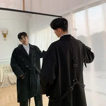 Длинный мужской Тренч с несколькими лентами, уличные модные пальто, уличная верхняя одежда, повседневная ветровка, мужские высококачественные черные пальто