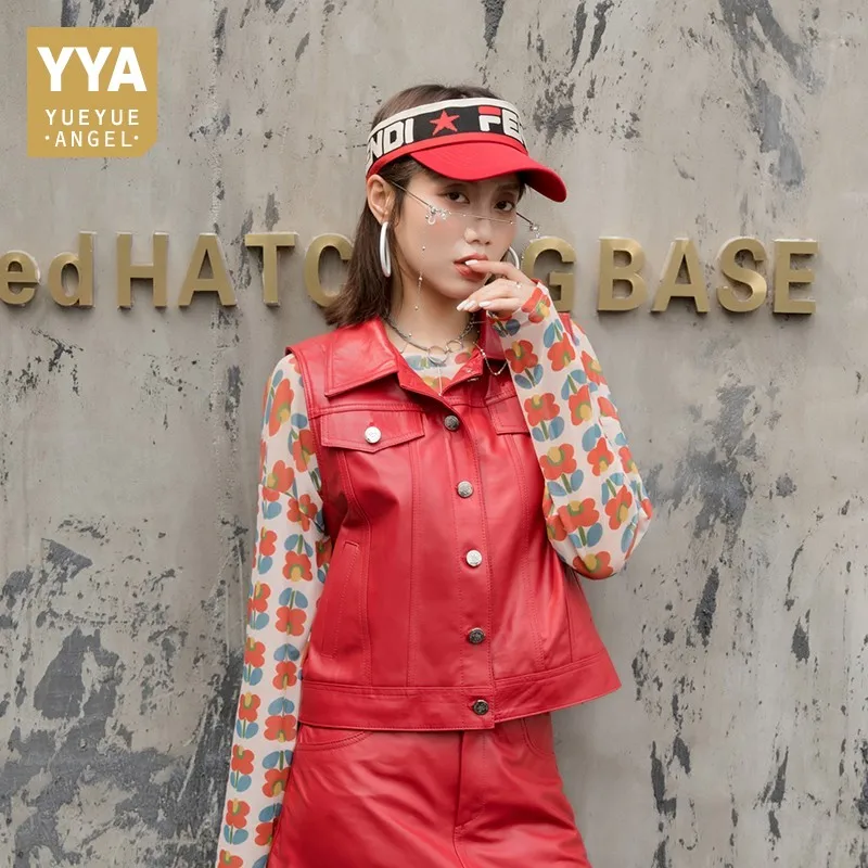 

Women Autumn Winter New Genuine Leather Sleeveless Short Slim Jacket Fashion Sheepskin Real Leather Single Breasted Casual Coat