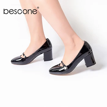 

BESCONE Square Heel Ladies Pumps High Quality Patent Leather Shallow High Heel Shoes Basic Pointed Toe Slip-On Women Pumps BY112