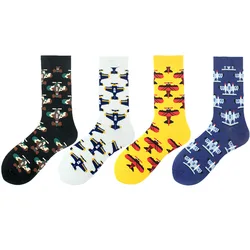 4 Pairs  Hot Sale Men Sock Autumn Winter Crew Colorful Cotton Funny Cartoon Aircraft Casual Skateboard Cool Male Short Socks
