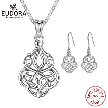 

EUDORA new 925 Sterling Silver Good Luck Irish Celtic Knot Love Pendant Necklace drop Earrings Jewelry Sets for Women Party Gift