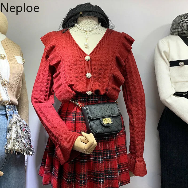 Neploe V образным вырезом с длинным рукавом вязаный однобортный Pull Femme пальто осень зима оборками одной груди кардиган свитер красный Sueter