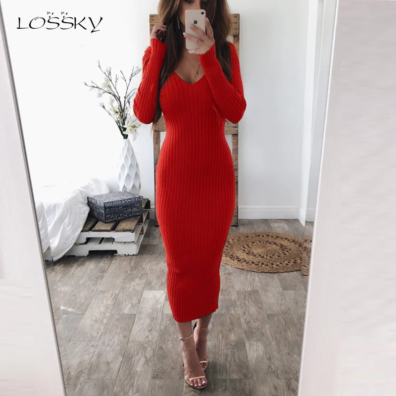 Tanie Jesień dopasowana sukienka kobiety Sexy Backless dzianiny sukienka średniej długości, z długim rękawem Vestido elegancka dama długi biały ołówek ubrania jesień 2019