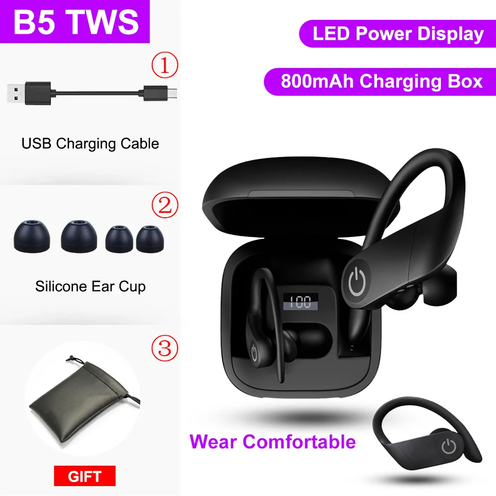 B5 TWS, беспроводные наушники, Bluetooth 5,0, наушники, спортивные, ушные крючки, наушники, беспроводная Bluetooth гарнитура, светодиодный дисплей, зарядная коробка - Цвет: Black