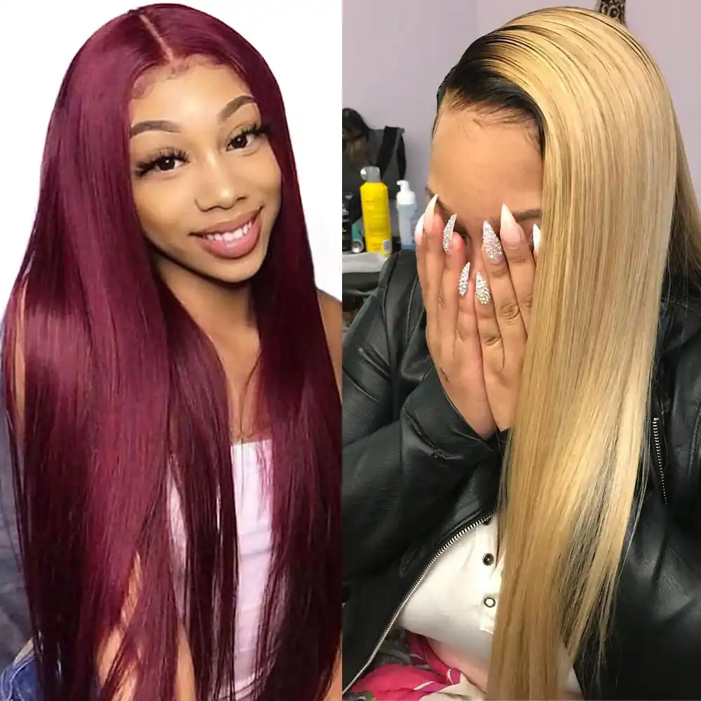 Ombre Red 13x6 Lace Front Human Hair Wig Honey Blonde 613 Burgundy