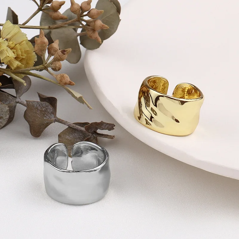 925 Sterling Silver Wiede Simple Gold Color Rings Retro Distressed Opening Handmade Ring Fashion Fine Jewelry