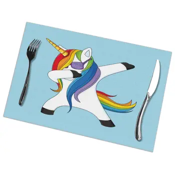 

6 Pcs Placemat Table Mat Dabbing Unicorn For Tables Heat-insulation Linen Kitchen Dining Pads