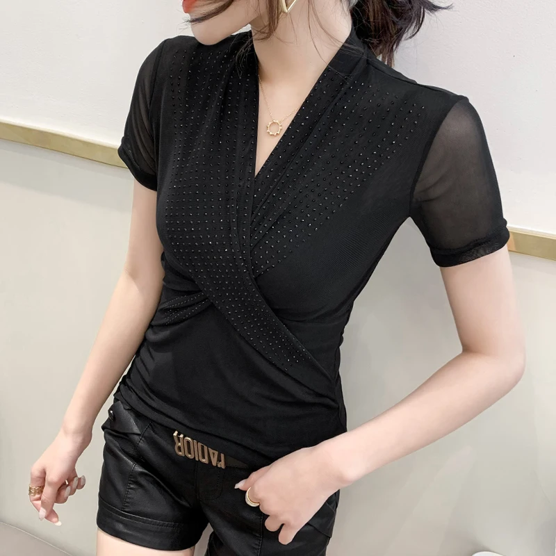 

#5960 White Red Black Red Sexy Mesh T Shirt Women V Neck Casual Wrap T Shirt Female Short Sleeves Slim Womens Tshirt Diamonds