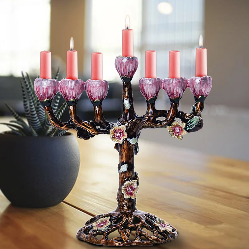 H&D 7 Branch Jewish Menorah Tree of Flowers Antique Hanukkah Menorah Collectible Chanukiah Candlestick Holder Jerusalem Gift