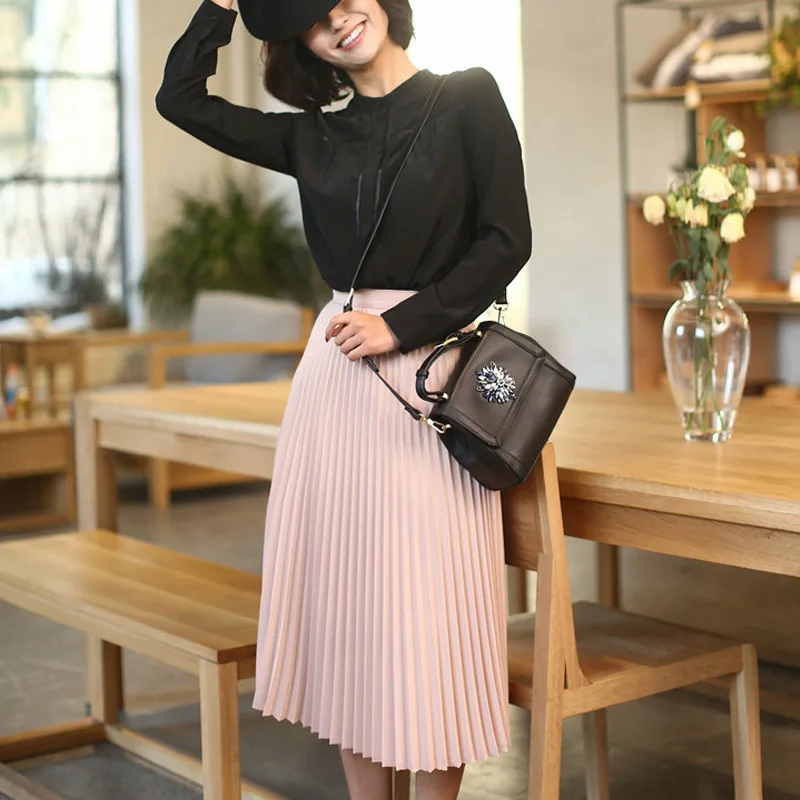 Spring and Autumn New Fashion Women's High Waist Pleated Solid Color Half Length Elastic Skirt Promotions Lady Black Pink |