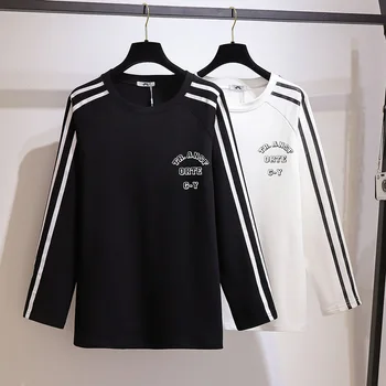 

Unicorn Cotton Korean Fall 2020 New Large Women's Color Matching Stripe Sleeve Top Casual Simple Show Thin Foundation T-shirt