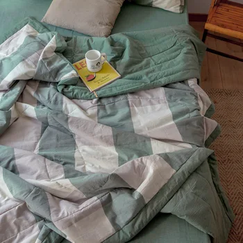 

Summer Washed Cotton Air-conditioning Quilt Soft Breathable Blanket Thin Stripe Plaid Comforter Bed Cover Twin King Queen Size