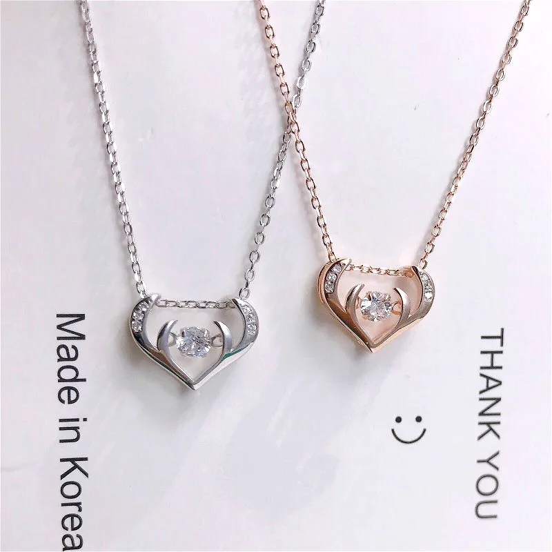 

Exquisite Real 925 Sterling Silver Heart Mosaic Antlers Shape Pendant Necklaces Lasting Shine Chain Delicate Shaking Zirconia