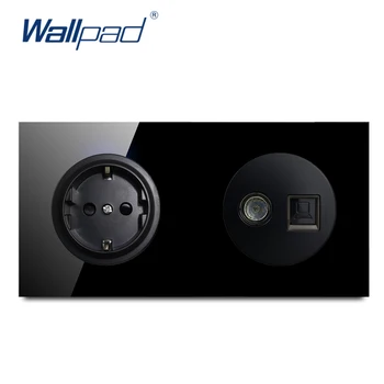 

Wallpad EU German Socket With TV DATA Ethernet RJ45 Crystal Tempered Pure Black Glass Panel Wall Power Socket Outlet