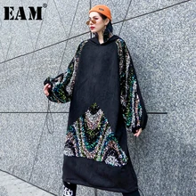 [EAM] Женская замшевая толстовка с блестками большого размера, платье, новинка, с капюшоном, с длинным рукавом, свободный крой, мода, весна-осень, 19A-a843
