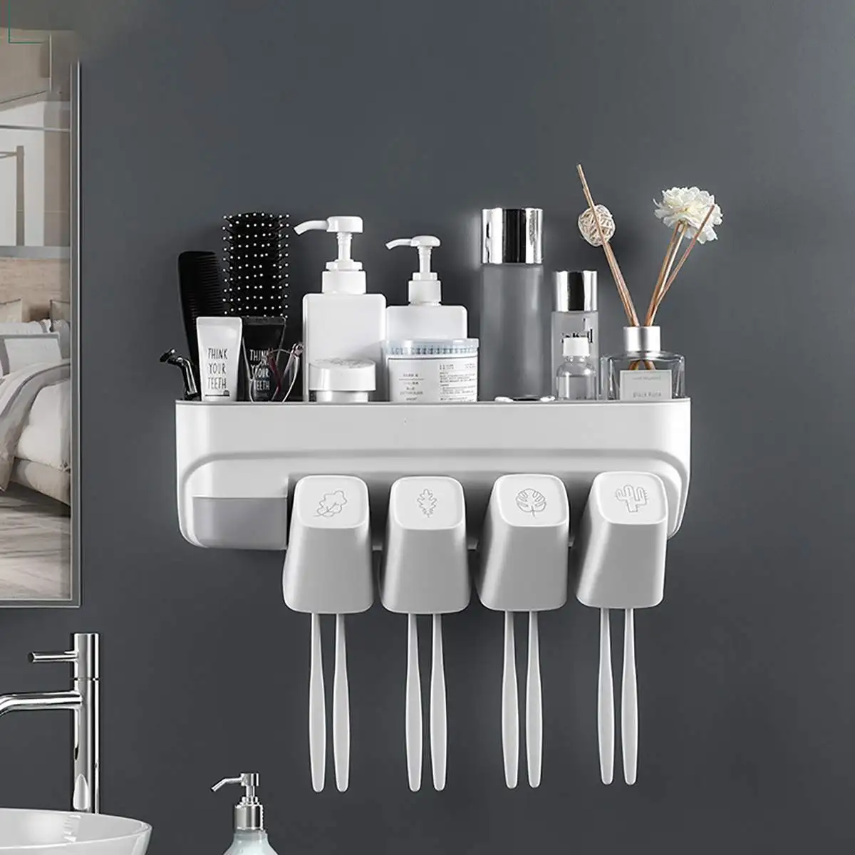 Toothbrush Toothbrush Holder Toothpaste Shaver Shelf Storage Rack Bathroom Washroom Accessories Set Wall Squeezer Family Set