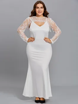 

2020 Elegant Plus Size White Mermaid Ankle Length Long Sleeves Lace Party Formal Dinner Maxi Dresses