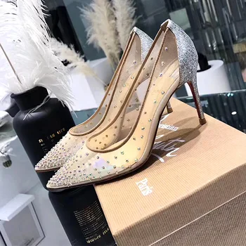 Women Shoes Mesh Flashing Diamond Flat Shoes 2021 Breathable Sexy Pointed High Heels Copatos De Mujer Feamle Chaussure
