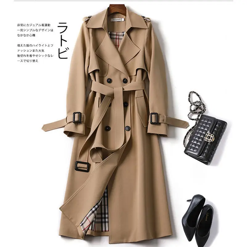 Gabardina larga elegante para mujer, abrigo informal con cordones en la cintura, cuello de pico liso, de talla grande, manga larga, rompevientos, otoño 2020